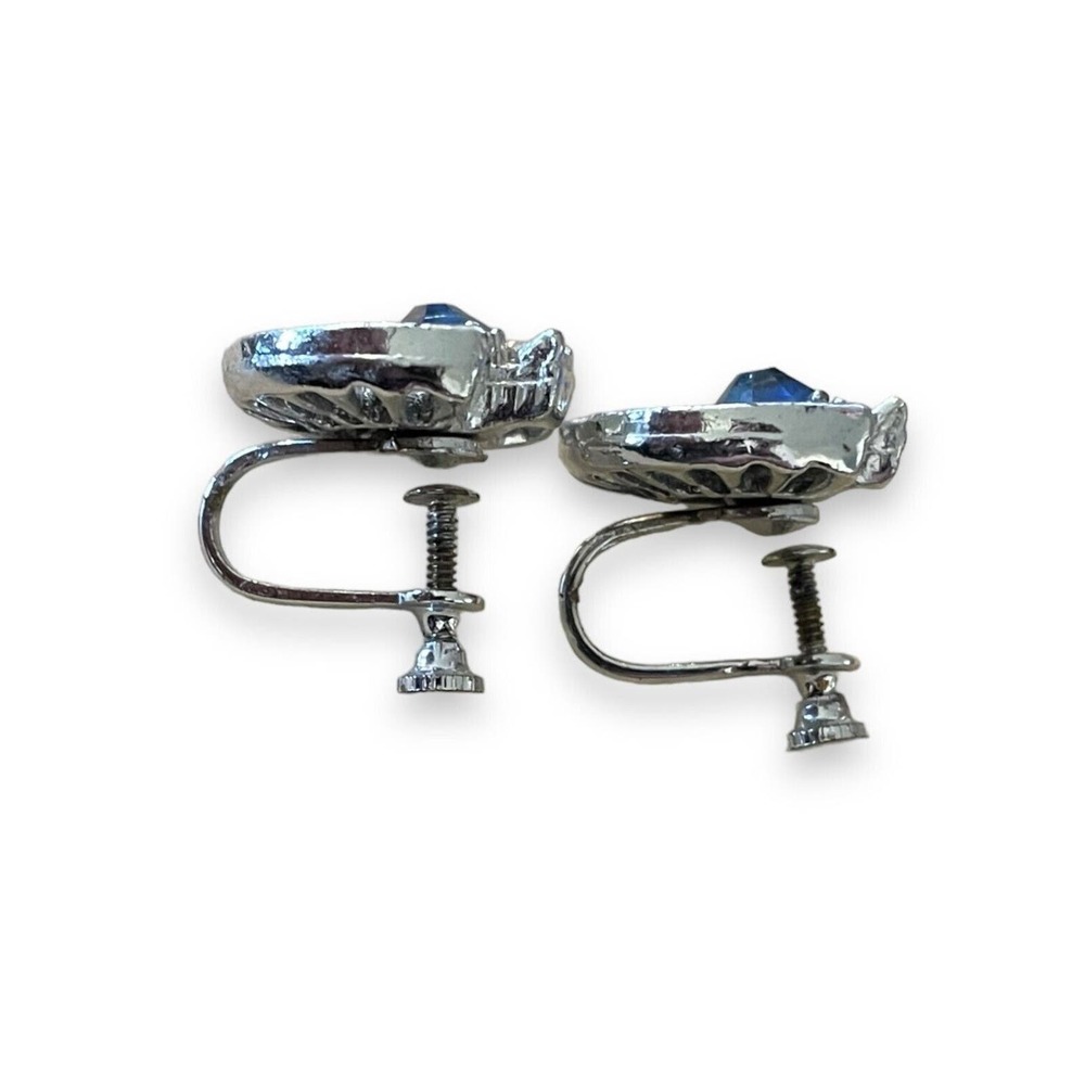 Retro Vintage Look Glam Silver Tone Blue White Rhinestone Screw Back Earrings - Picture 4 of 5